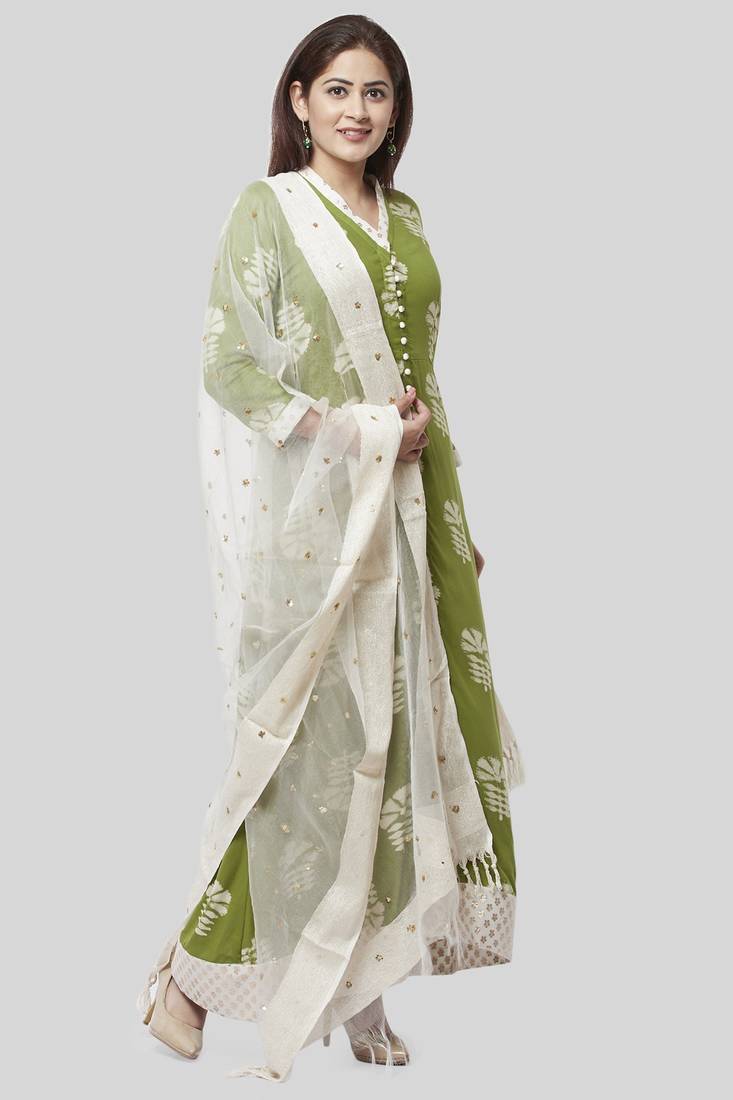 Pale Green Festive Kurti with Off-White Churidaar and Sequenced Organza Dupatta