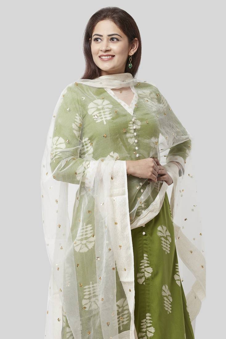 Pale Green Festive Kurti with Off-White Churidaar and Sequenced Organza Dupatta