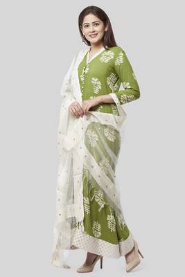Pale Green Festive Kurti with Off-White Churidaar and Sequenced Organza Dupatta 4