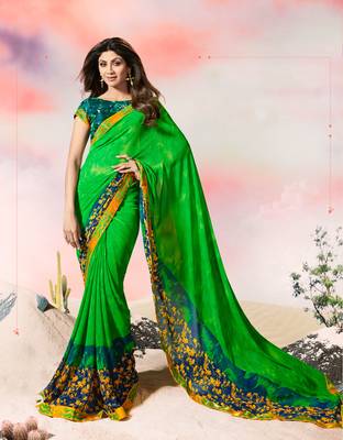 green printed georgette saree with blouse 1