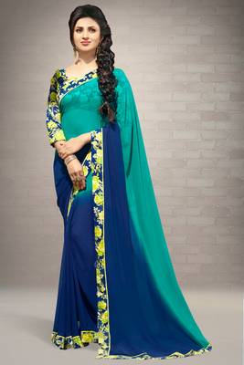 blue plain georgette saree with blouse 2