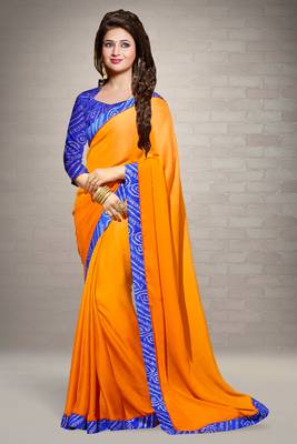 orange plain georgette saree with blouse 2