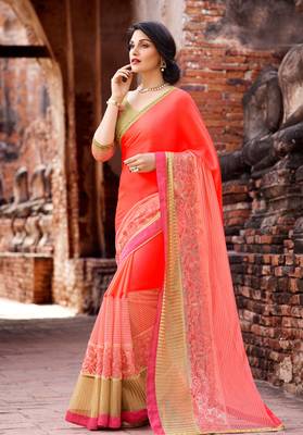peach embroidered georgette saree with blouse 1