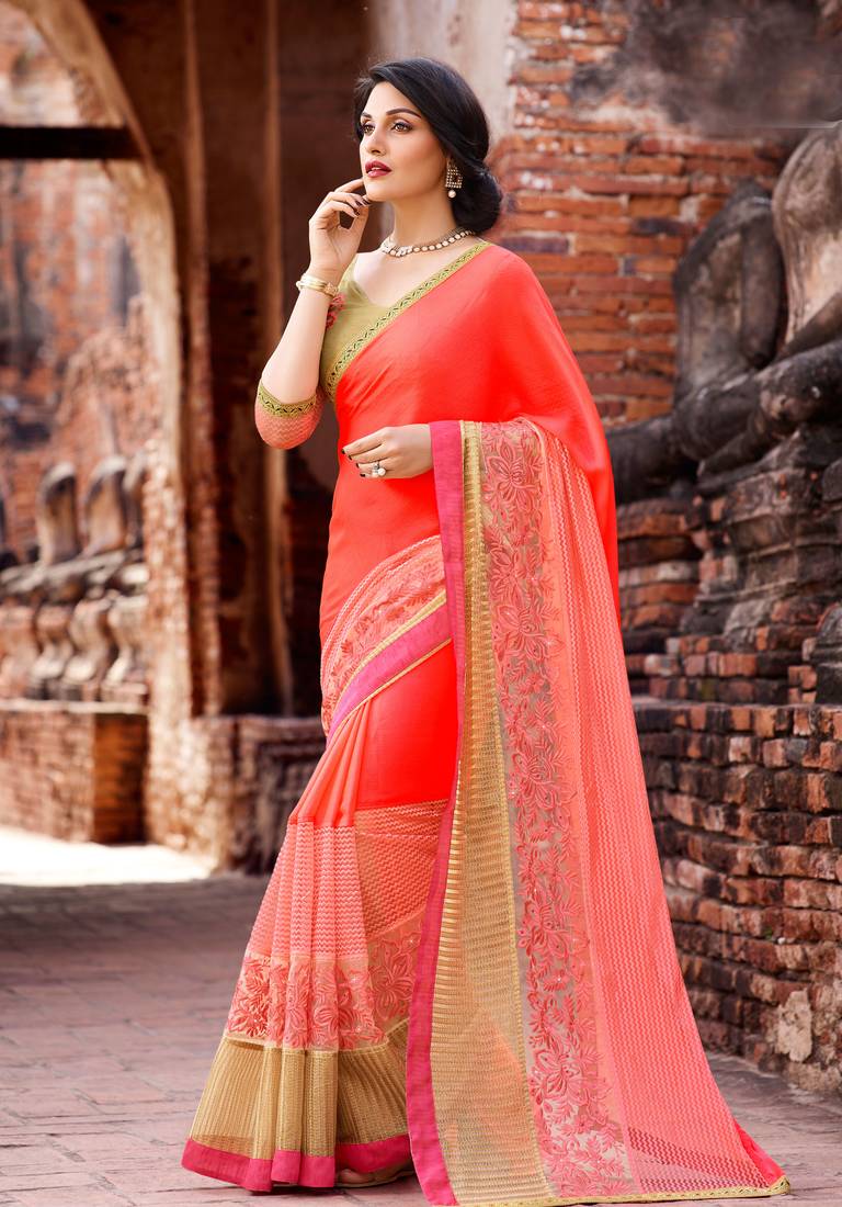 peach embroidered georgette saree with blouse