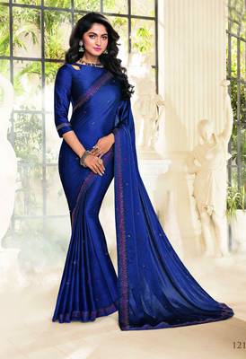 Blue printed satin saree with blouse 1