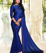 Blue printed satin saree with blouse