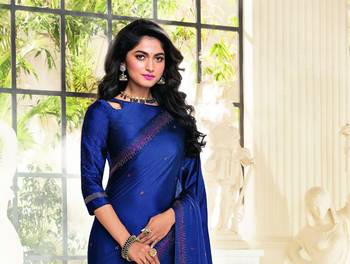 Blue printed satin saree with blouse 3