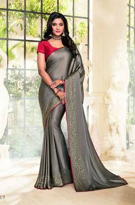 Grey printed satin saree with blouse 1