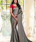 Grey printed satin saree with blouse