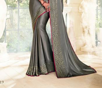 Grey printed satin saree with blouse 2