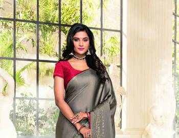 Grey printed satin saree with blouse 3