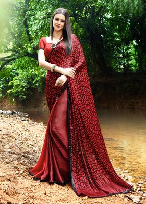 red printed satin saree with blouse 1