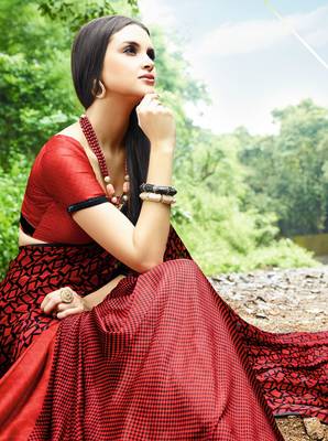 red printed satin saree with blouse 2