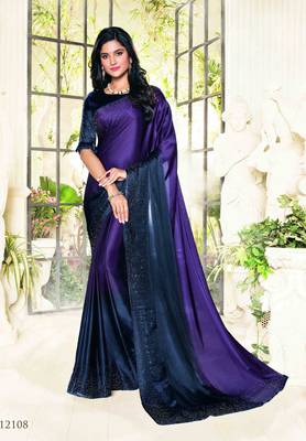 Purple printed satin saree with blouse 1