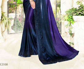 Purple printed satin saree with blouse 2