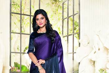 Purple printed satin saree with blouse 3