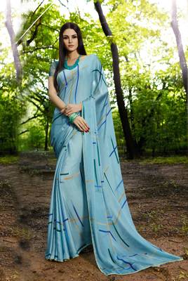 sky_blue printed satin saree with blouse 1