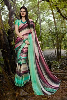 multicolor printed satin saree with blouse 1