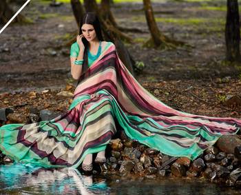 multicolor printed satin saree with blouse 2