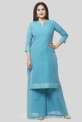 Noor Blue Straight Kurti with Golden Weaved Kalidar Palazzo 1