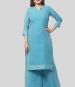 Noor Blue Straight Kurti with Golden Weaved Kalidar Palazzo
