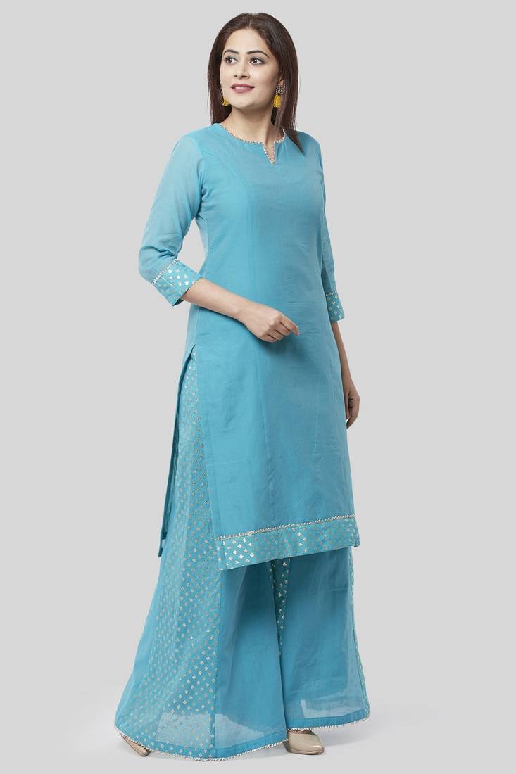 Noor Blue Straight Kurti with Golden Weaved Kalidar Palazzo