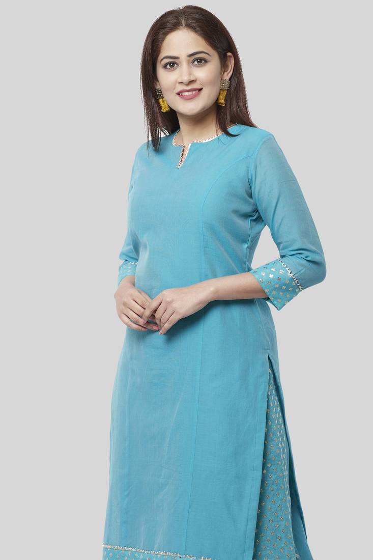 Noor Blue Straight Kurti with Golden Weaved Kalidar Palazzo