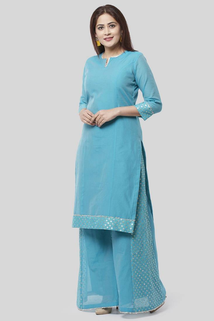 Noor Blue Straight Kurti with Golden Weaved Kalidar Palazzo