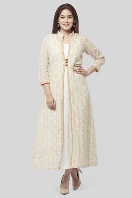 Off-White Gold Printed Long Jacket Kurti Dress 1