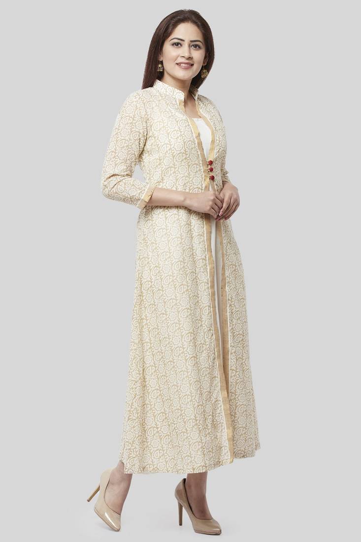 Off-White Gold Printed Long Jacket Kurti Dress