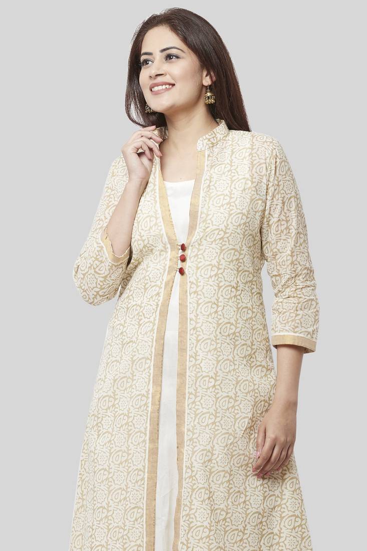 Off-White Gold Printed Long Jacket Kurti Dress