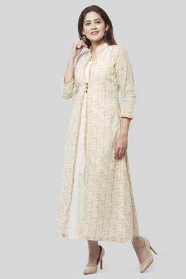 Off-White Gold Printed Long Jacket Kurti Dress 4