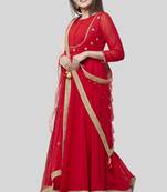Fiery Red Georgette Floor Length Kurti with Red Mirror and Stone Dupatta