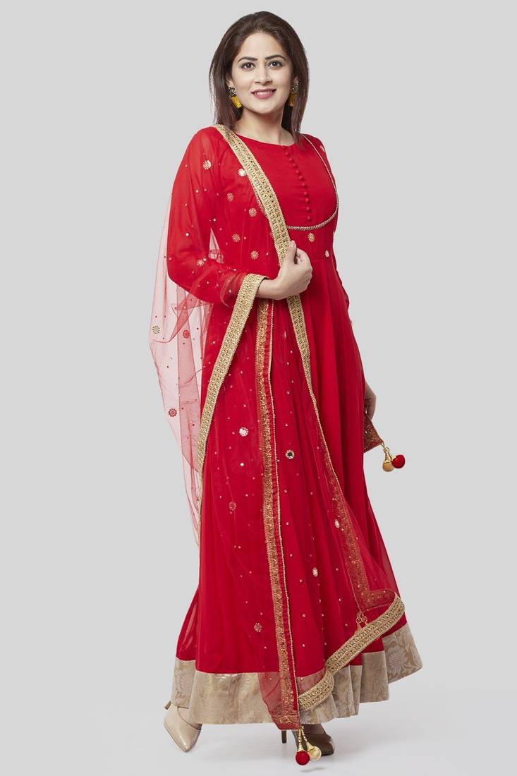 Fiery Red Georgette Floor Length Kurti with Red Mirror and Stone Dupatta