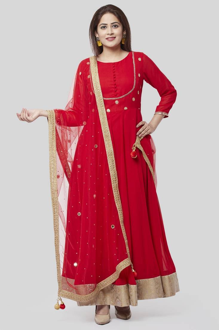 Fiery Red Georgette Floor Length Kurti with Red Mirror and Stone Dupatta