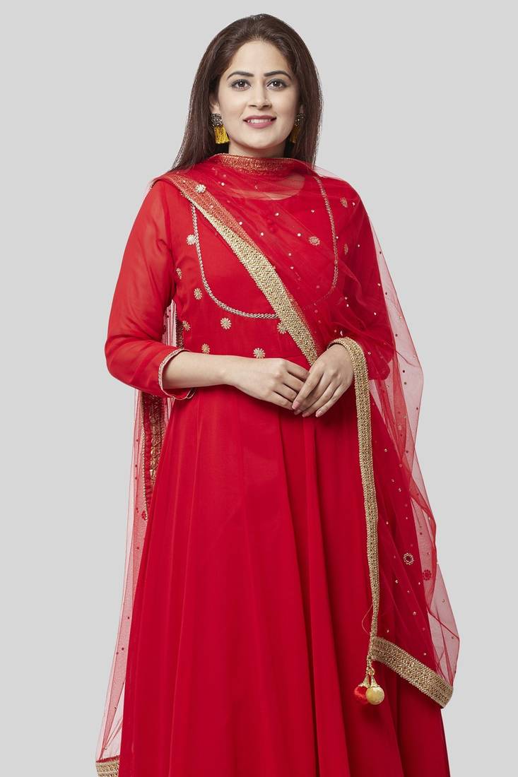 Fiery Red Georgette Floor Length Kurti with Red Mirror and Stone Dupatta