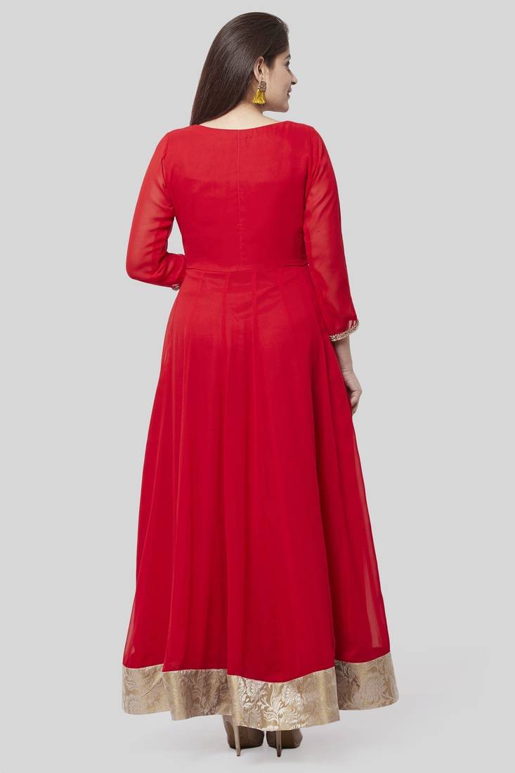 Fiery Red Georgette Floor Length Kurti with Red Mirror and Stone Dupatta