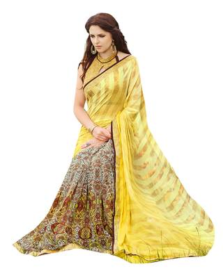 yellow printed georgette saree with blouse 1