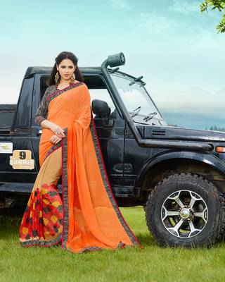 orange printed georgette saree with blouse 1