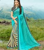 blue printed georgette saree with blouse