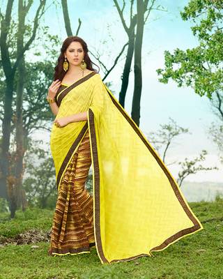 yellow printed georgette saree with blouse 2