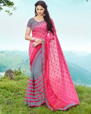 pink printed georgette saree with blouse 2
