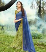 blue printed georgette saree with blouse
