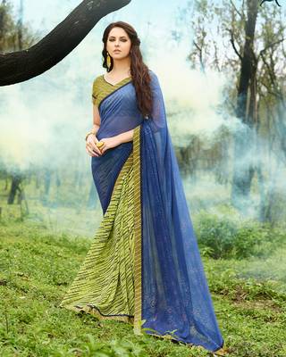 blue printed georgette saree with blouse 2