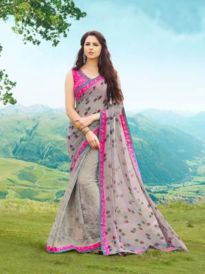 grey printed georgette saree with blouse 1