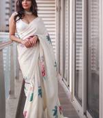 Off White Printed Satin Saree With Blouse