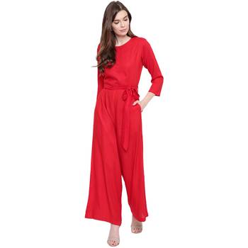 Red plain Rayon Jumpsuit 1