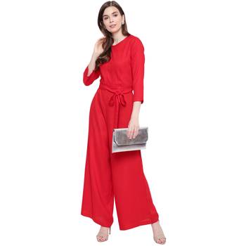 Red plain Rayon Jumpsuit 2