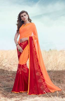 orange printed georgette saree with blouse 1