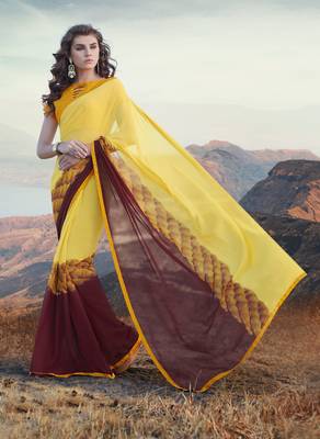 yellow printed georgette saree with blouse 1